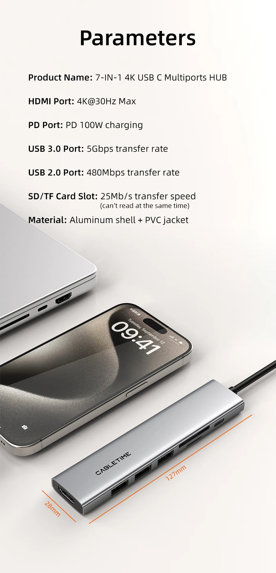 CABLETIME 7 IN 1 USB C HUB 4K@30Hz Resolution Display 5Gbps High Speed Data Transmission PD 100W Power for Laptop Macbook