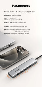 CABLETIME 7 IN 1 USB C HUB 4K@30Hz Resolution Display 5Gbps High Speed Data Transmission PD 100W Power for Laptop Macbook