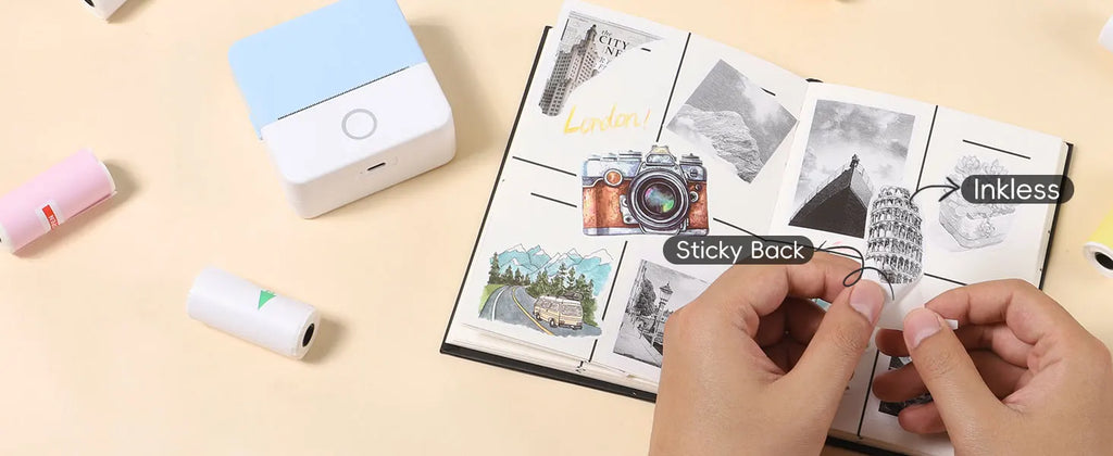 Thermal Mini Printer, Portable Inkless Sticker Maker,Bluetooth Free Cut Small Pocket Printer for Children DIY 57mm Photo Print
