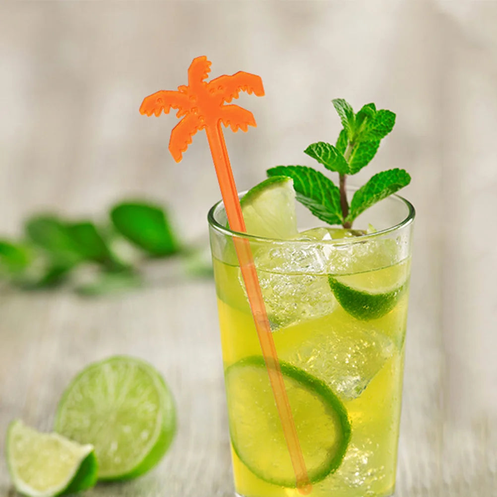 25 Pcs Juice Stirrers Neon Palm Tree Coffee Swizzle Stick Cocktail Drink Wooden