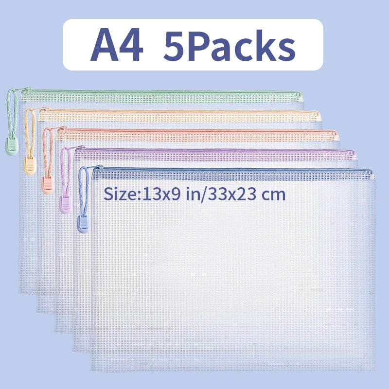 5/10/20/30PCS Mesh Zipper Pouch Document Bag Waterproof Zip File Folders A4 A5 Size Office School Supplies Document Storage Bags