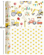 Construction Birthday Wrapping Paper - 43cm x 10m - Reversible Tractor Happy Birthday Script & Star Design Gift Wrap Mini Roll