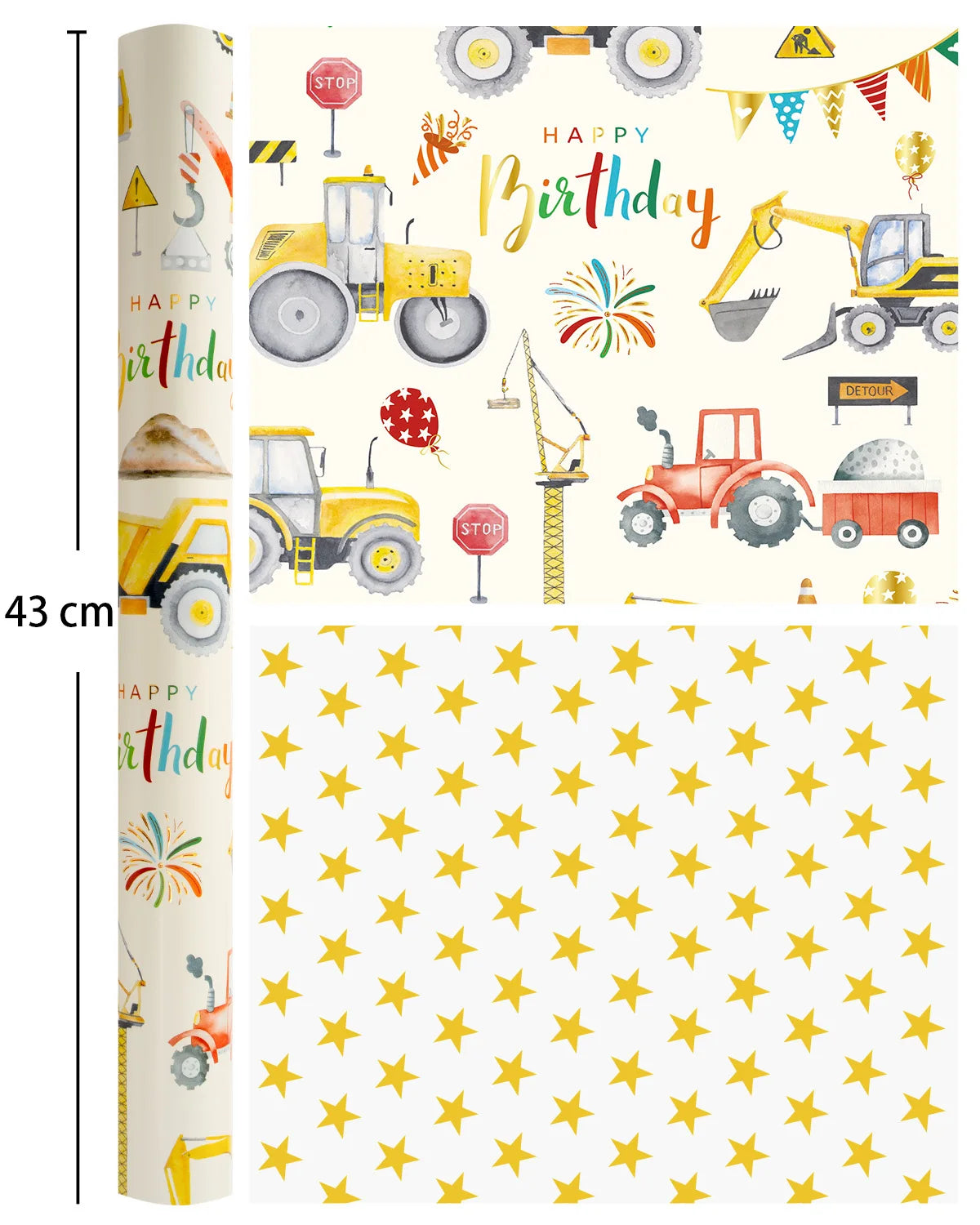 Construction Birthday Wrapping Paper - 43cm x 10m - Reversible Tractor Happy Birthday Script & Star Design Gift Wrap Mini Roll