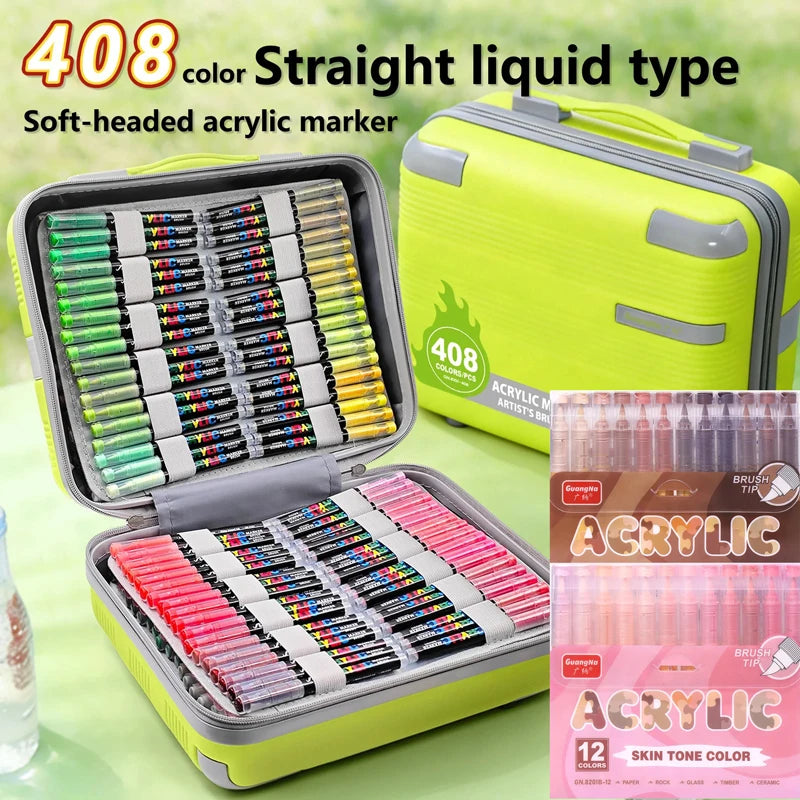 GuangNa 12/360/408 Colors Acrylic Paint Pen Markers Acrylic Skin Color Brush Tip Paint Marker for Wood Rock Painting Canvas Gift
