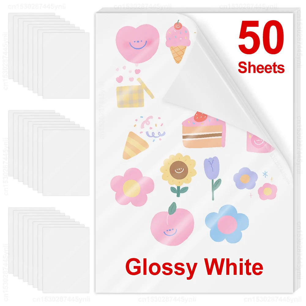 30Sheets/50Sheets Printable Vinyl Sticker Paper Self-adhesive A4 Glossy White Half Transparent Copy Paper for All Inkjet Printer
