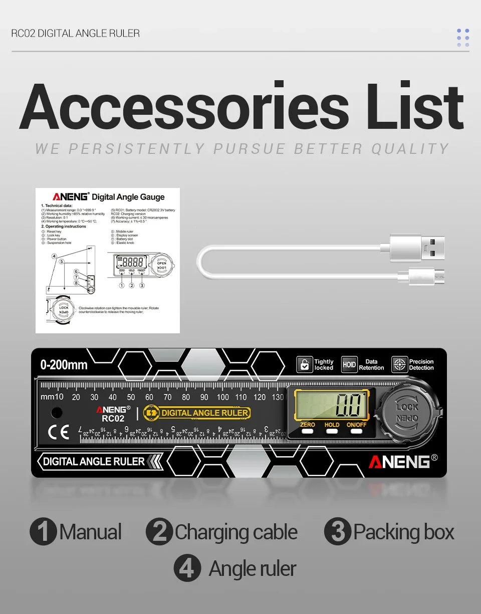 ANENG RC02 Digital Gauge Angle Goniometer Electronic Protractor Smart Inclinometer Angle Woodworking Tool Angle Finde 360°