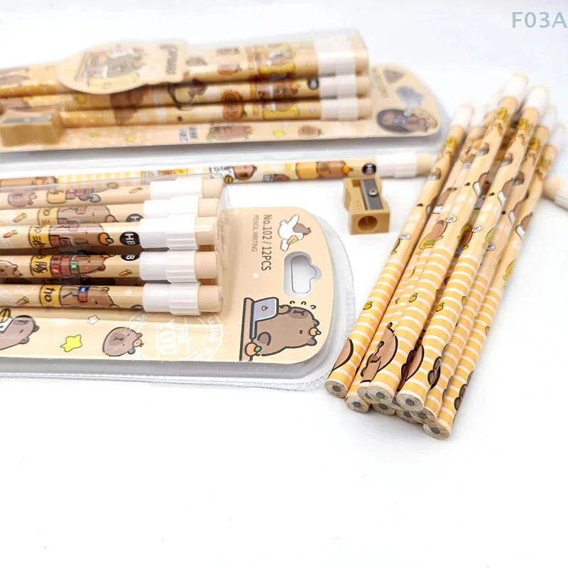 12pcs Cute Cartoon Capybara HB Pencils Stationery Set With Pencil Sharpener School Students Stationery Gift