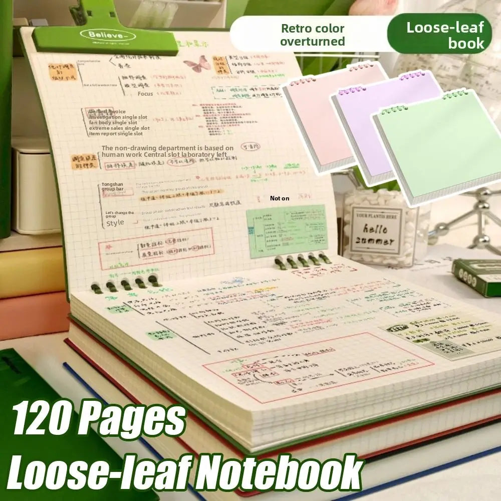 Multifunctional 120 Pages Loose-leaf Notebook Color Detachable Diary Book Grid Inner Pages Flip Up Hand Account Book Students
