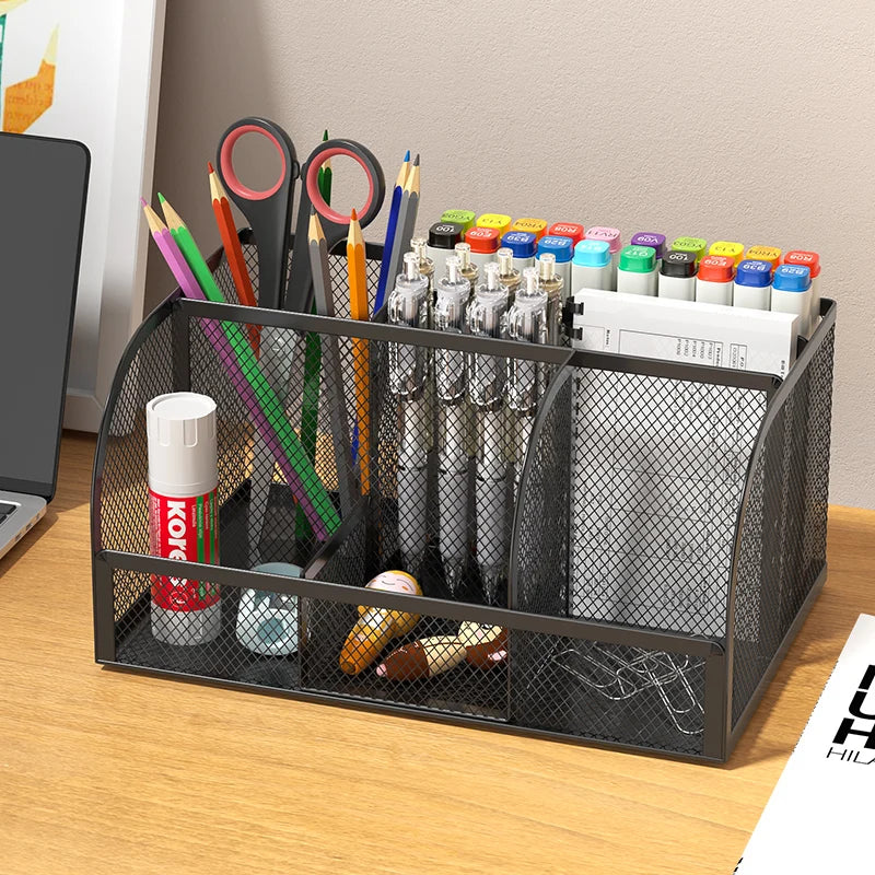 7 Compartment Metal Mesh Desktop Organizer with Drawer Pen Pencil Holder Stationery Storage for Home Office School Students Dorm