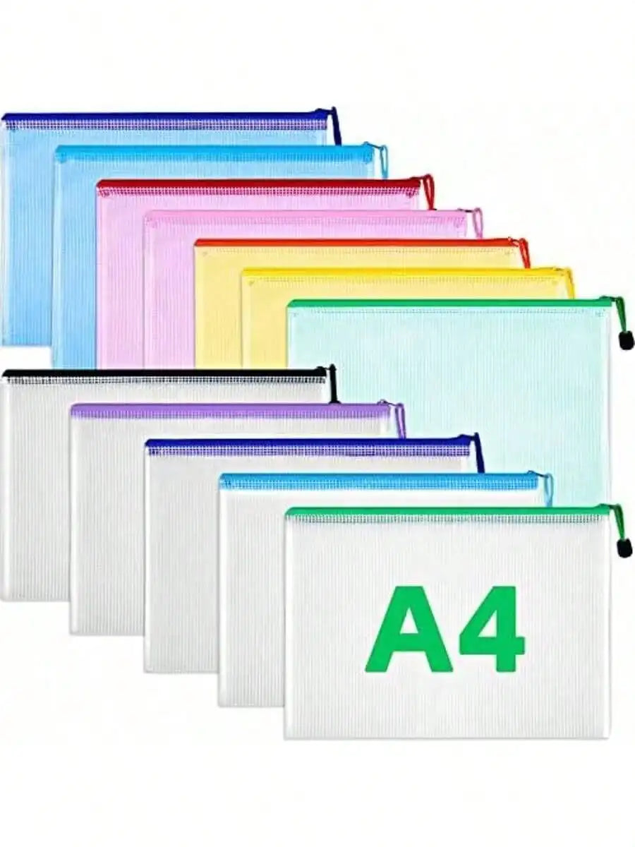 10pcs A4 zipper bag Multi-color waterproof plastic file bag Multi-purpose travel storage office supplies home organizing bag