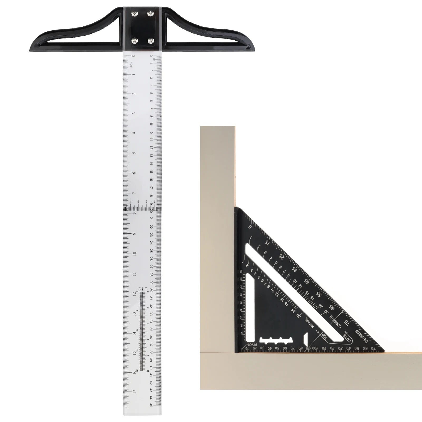 Metric & Imperial Scales Aluminum Alloy Angle Triangle Ruler 45cm T Square Acrylic Ruler Measuring Tool Set for Carpentry