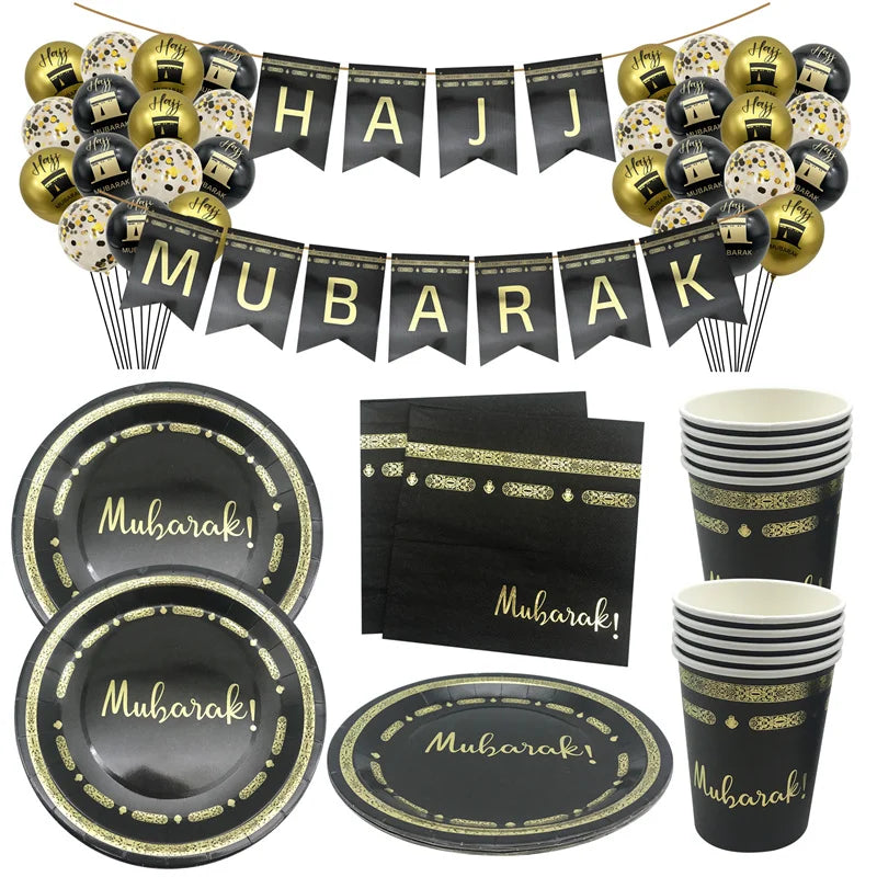 Black Gold Hajj Mubarak Disposable Paper Plates Cups Napkins Banner Balloons Home 2026 Eid Mubarak Islamic Muslim Party Supplies