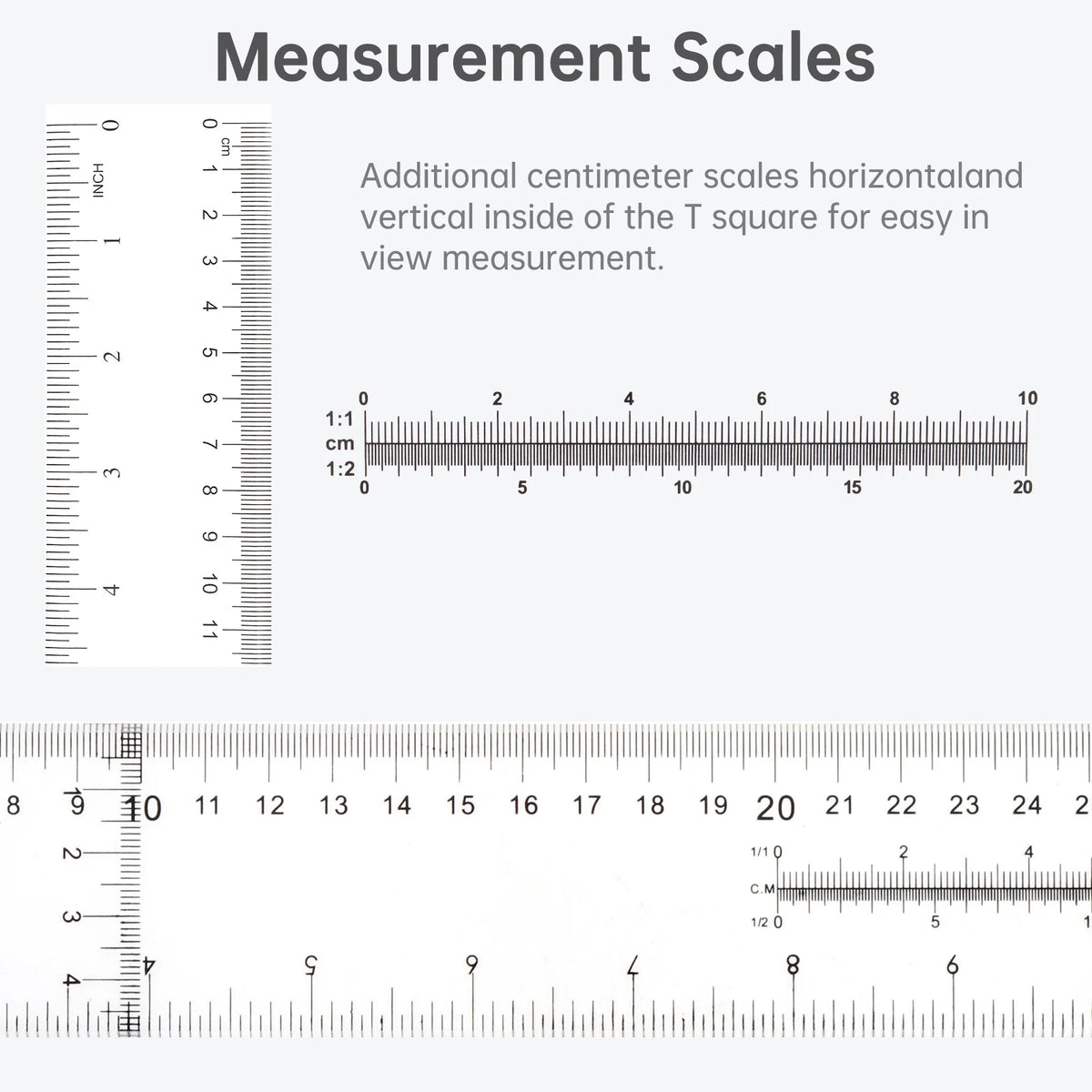 60cm 23.6 inch Acrylic T Square Ruler Carpenty Imperial Metric Scale Measuring Marking Scribing Ruler Art Framing Drafting Tool