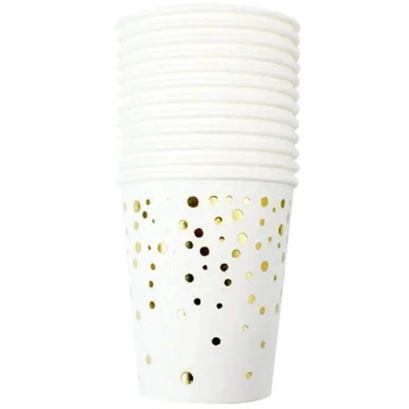 Disposable Paper Plates Gold Party Supplies, Golden Polka Dots Birthday and Baptism Decorations, include Plates and Cups, Napkin