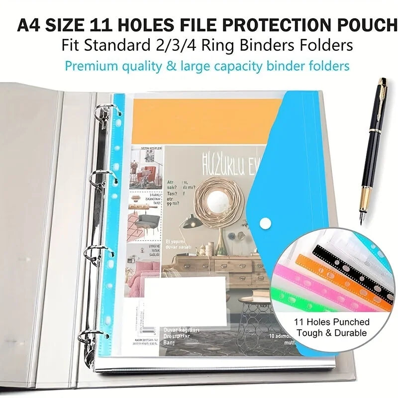 6 Pcs A4 Plastic Envelope with Adhesive Snaps 11-Hole Expansion Bag for 2/3/4 Ring Binders School Office File Storage Organizer