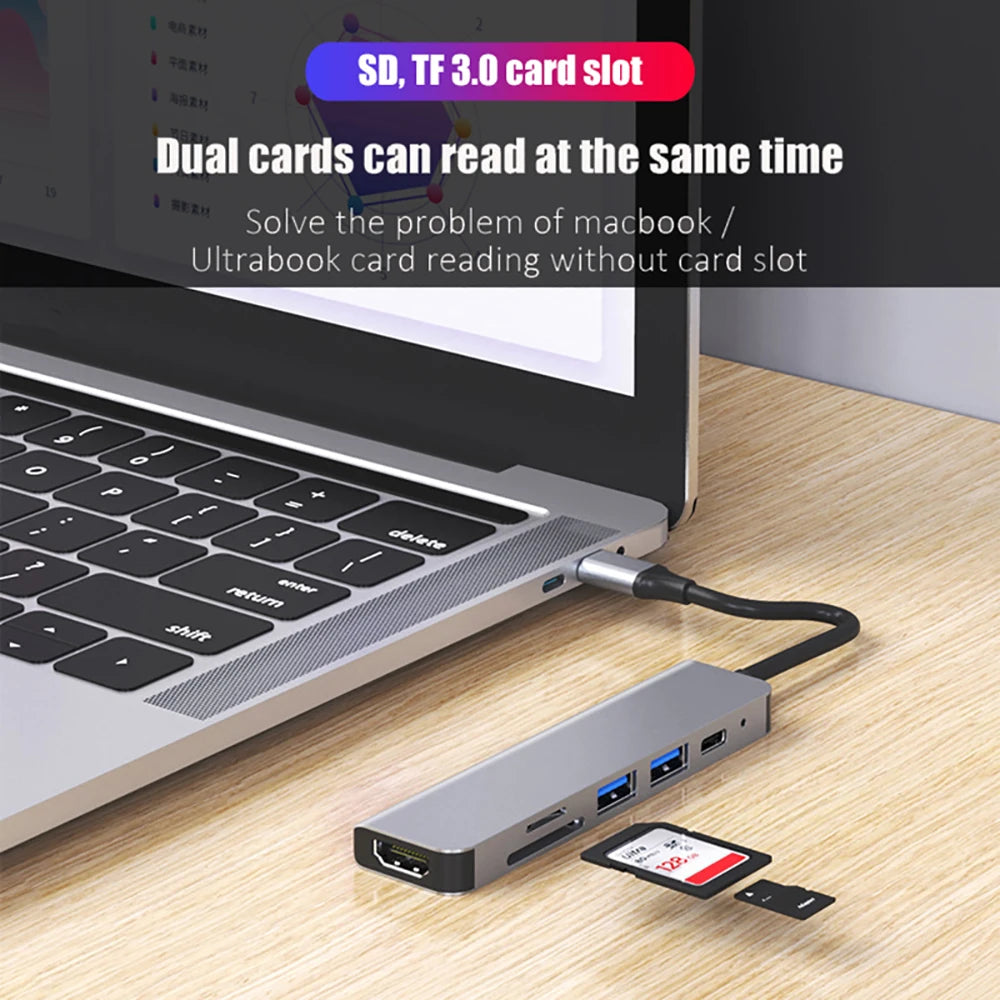 6 in 1 USB C Hubs Type C 3.0 Adapter to 4K HDMI SD TF Card PD Fast Charge Splitter USB Docking Stations Hub for MacBook Computer