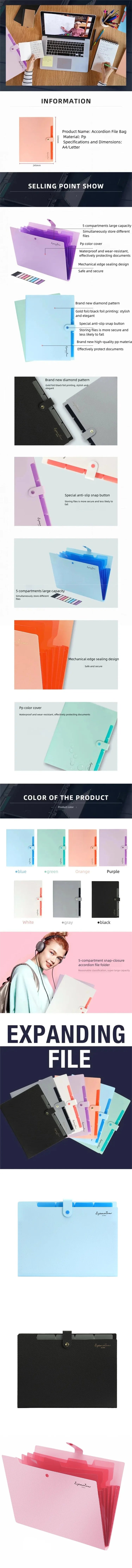 5 Pocket Plastic Pouch with Snap Button Accordion Folder File Organization A4 Size Document Folders WJJ06