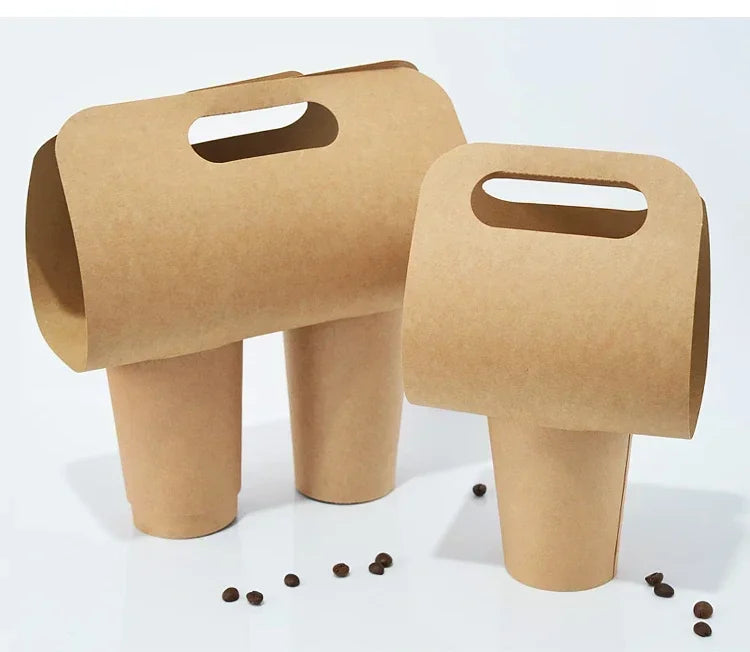 50pcs Disposable Milk Tea Handheld Cup Holder Thick Kraft Paper Takeaway Portable Package Creative Coffee Paper Cup Handle