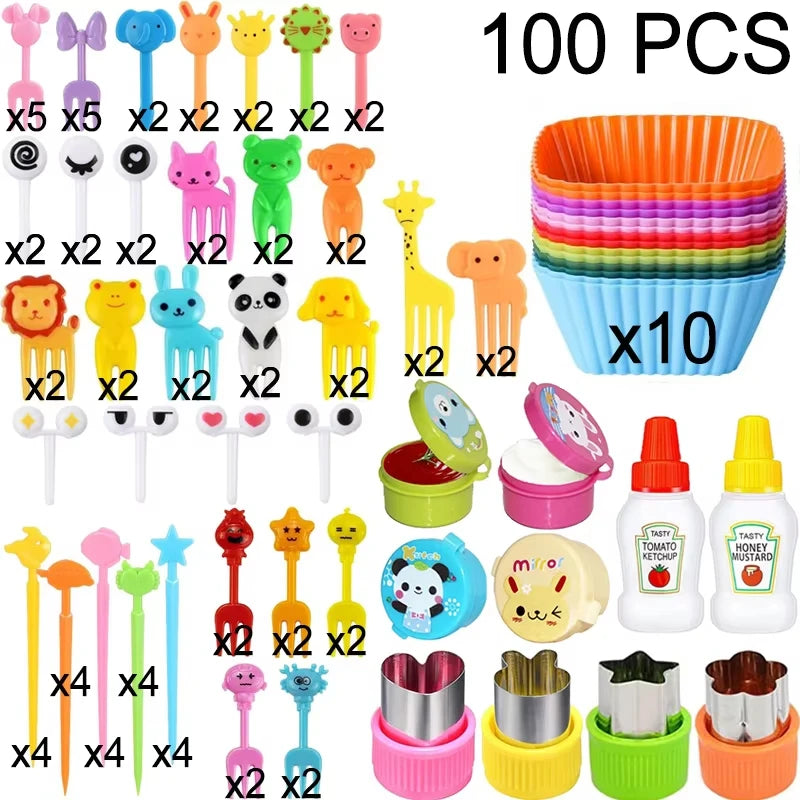 Mini Fruit Forks For Children Kids Cute Animal Food Picks Snack Toothpicks With Vegetable Cutter Set Silicone Lunch Box Dividers
