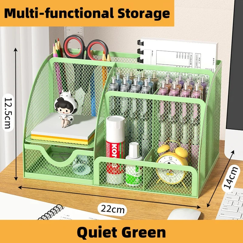 7 Compartment Metal Mesh Desktop Organizer with Drawer Pen Pencil Holder Stationery Storage for Home Office School Students Dorm