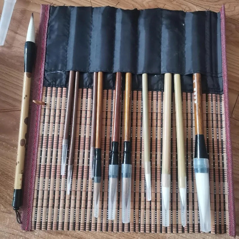 10-Piece Chinese Calligraphy Brush Set - Premium Writing Brushes for Beginners & Artists - with Roll-up Bamboo Brush Holder,