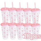 2/20pcs 24oz Reusable Party Cups with Straw & Lid Cute Bow Plastic Tumblers for Cold Drinks Home Office Outdoor Use Summer Gift