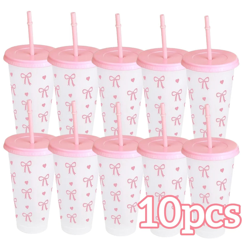 2/20pcs 24oz Reusable Party Cups with Straw & Lid Cute Bow Plastic Tumblers for Cold Drinks Home Office Outdoor Use Summer Gift