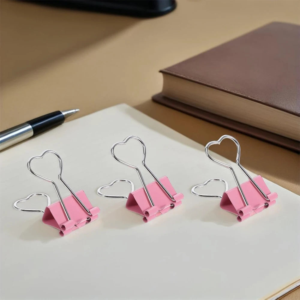 3Pcs Heart Pink Binder Clip Heart Shape Handle Metal Paper Clips  for Office School Home Supplies