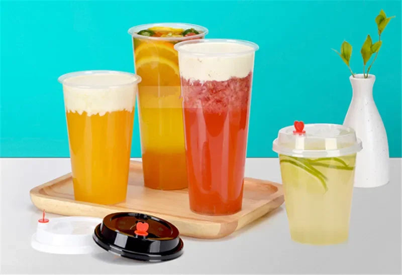 100PCS Plastic Cups With Dome Lids for Iced Cold Drink Coffee Tea Smoothies Sodas Water Party Disposable Tableware dessert cups