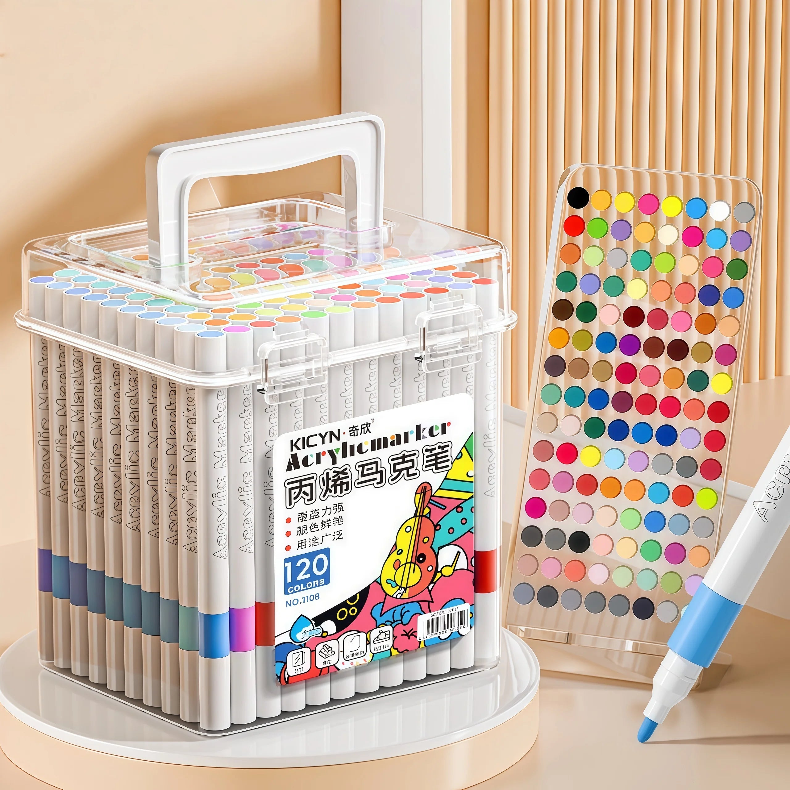 Water-Washable, Non-Bleeding, Layerable Acrylic Markers for Primary School Students - Waterproof, Bucket-Packed Colored Pens