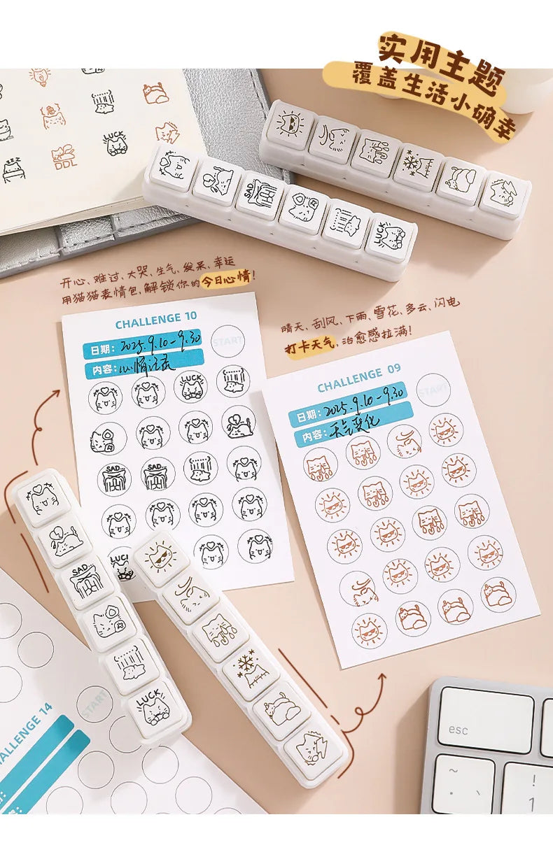 Cute Cat Emoji Stamp Daily Life Work Good Mood Series Cartoon Mini Pattern Stamps for Journaling Planner Diy Scrapbooking Decor