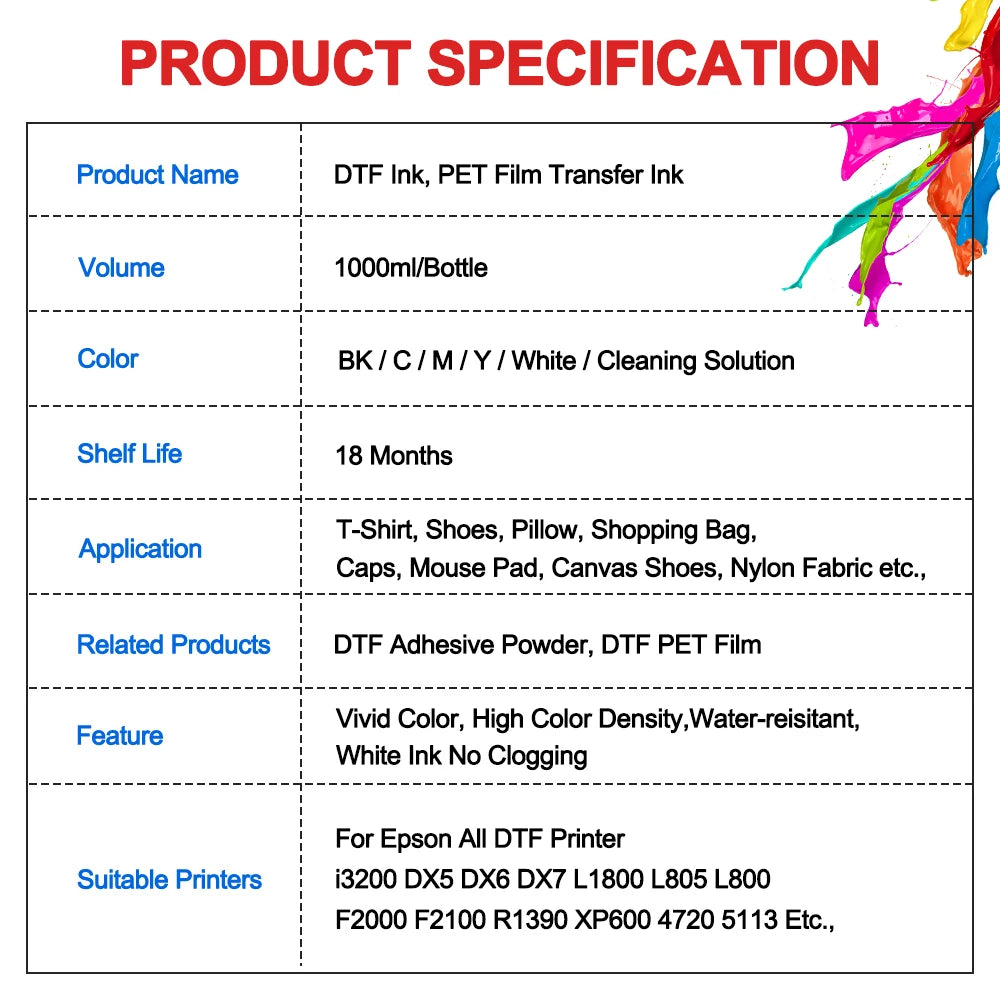 DTF Direct To Film Transfer Ink DTF Ink 1000ML/Bottle For Epson DX5 DX7 4720 XP600 Printhead L1800 1390 L805 L3200 DTF Printer