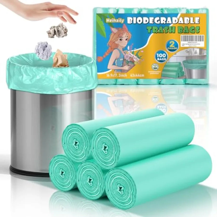 2 Gallon Mini Green Trash Bag - Small Garbage Bags For Bathroom Can 100 Count 7.5 L Unscented Compostable Biodegradable Tiny Li
