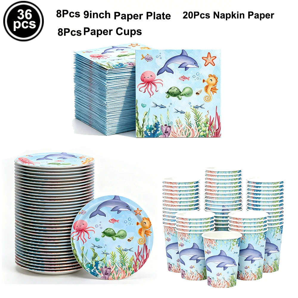 Sea Animal Theme Disposable Tableware Under The Sea Baby Shower Party Plates Napkins Cups Ocean Animals Birthday Party Supplies