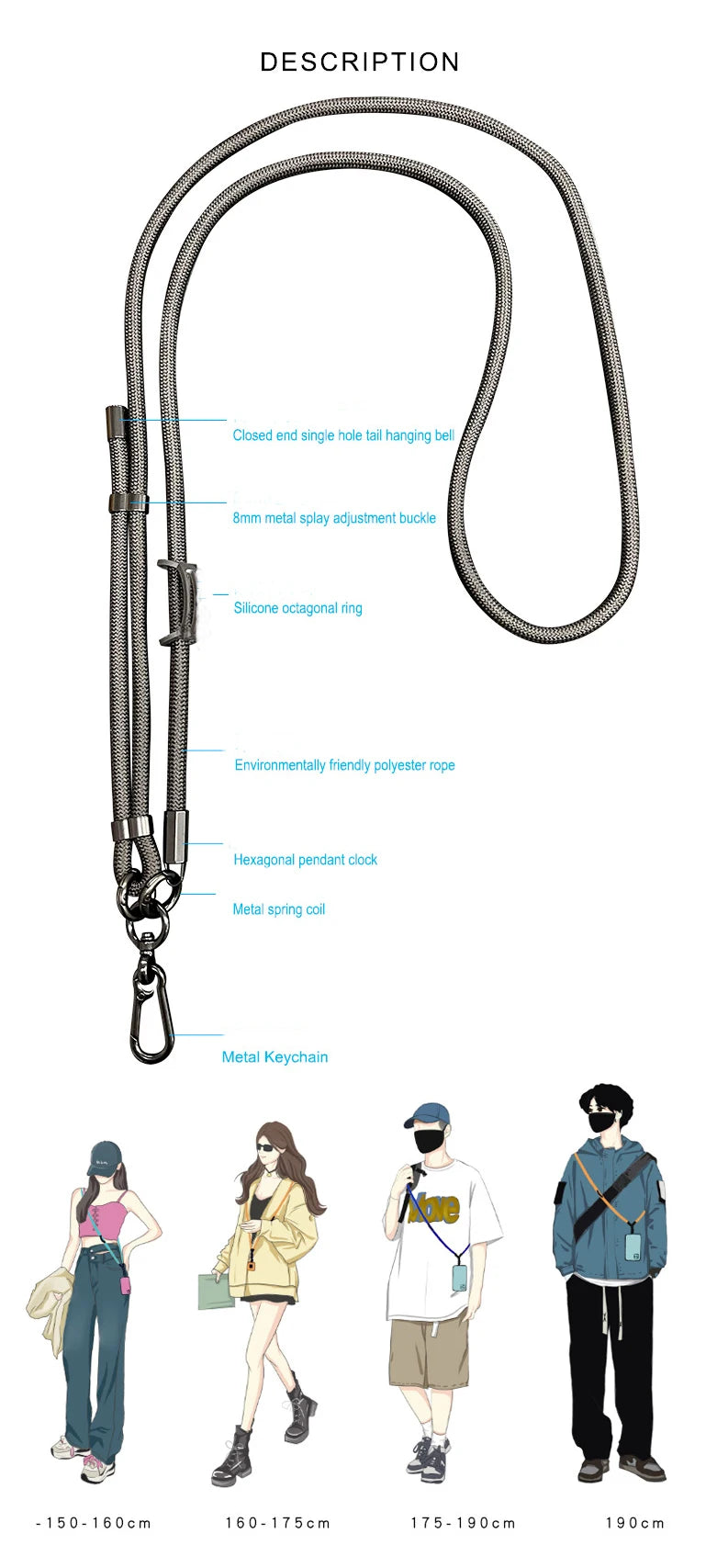 150CM Length Phone Lanyard Adjustable Detachable Neck Cord Outdoor Universal Crossbody Strap Card Clip for Mobile Phone Case