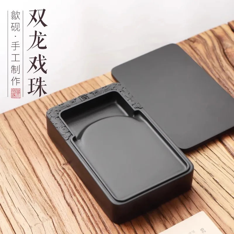Natural Stone Rectangular Inkstone with Lid - Traditional Chinese Calligraphy Ink Slab, Four Treasures, Handmade Art Gift