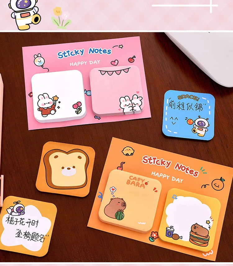 1Pcs Kawaii Cartoon Animal Sticky Notes Sticker 60Sheets Cute Rabbit Bear Capybara Astronaut Memo Pad School Office Stationery