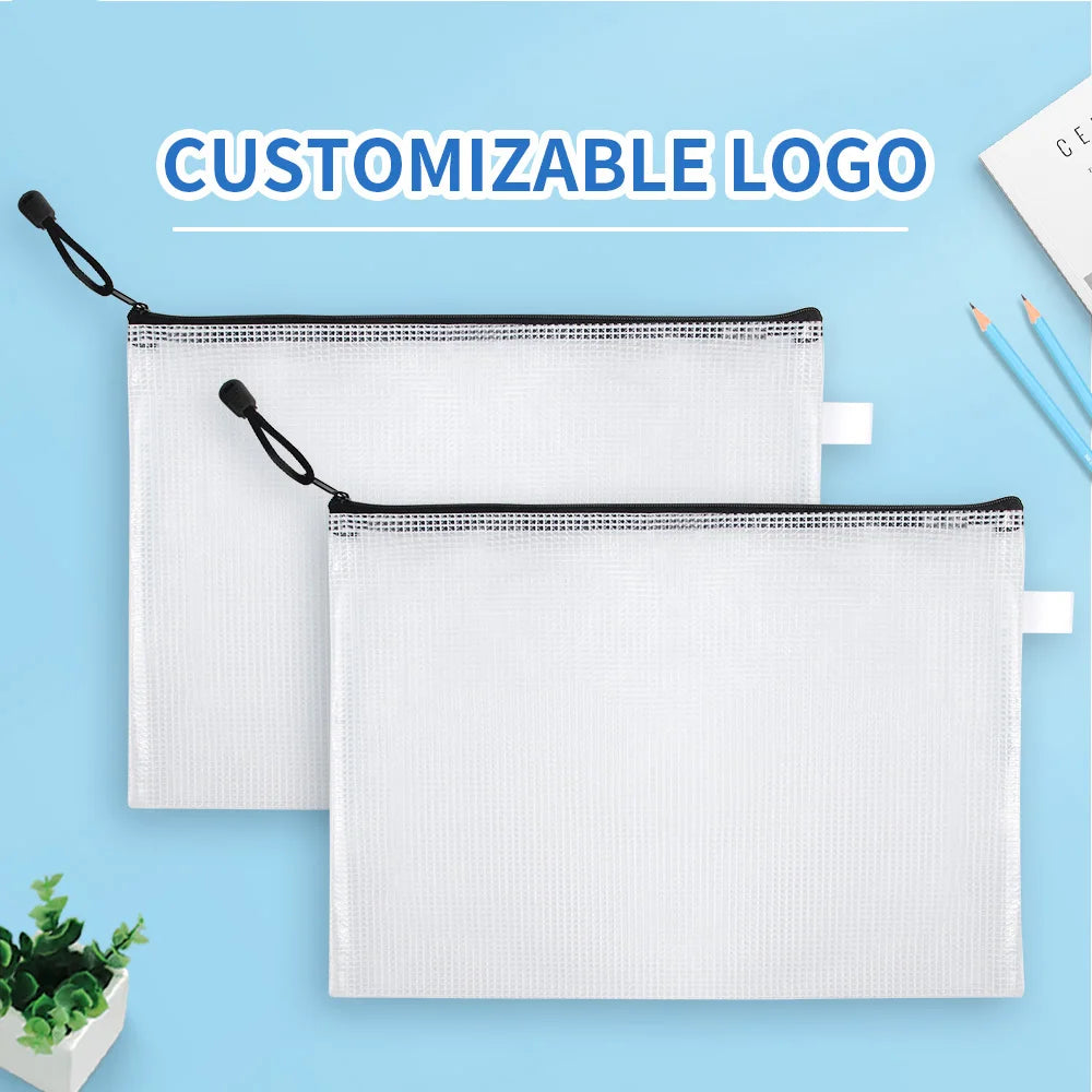 12-Piece Plastic Mesh Zip File Bag, Waterproof and Tear-Resistant File Folder, Multi-Size Zip File Bag for School Office Home Tr