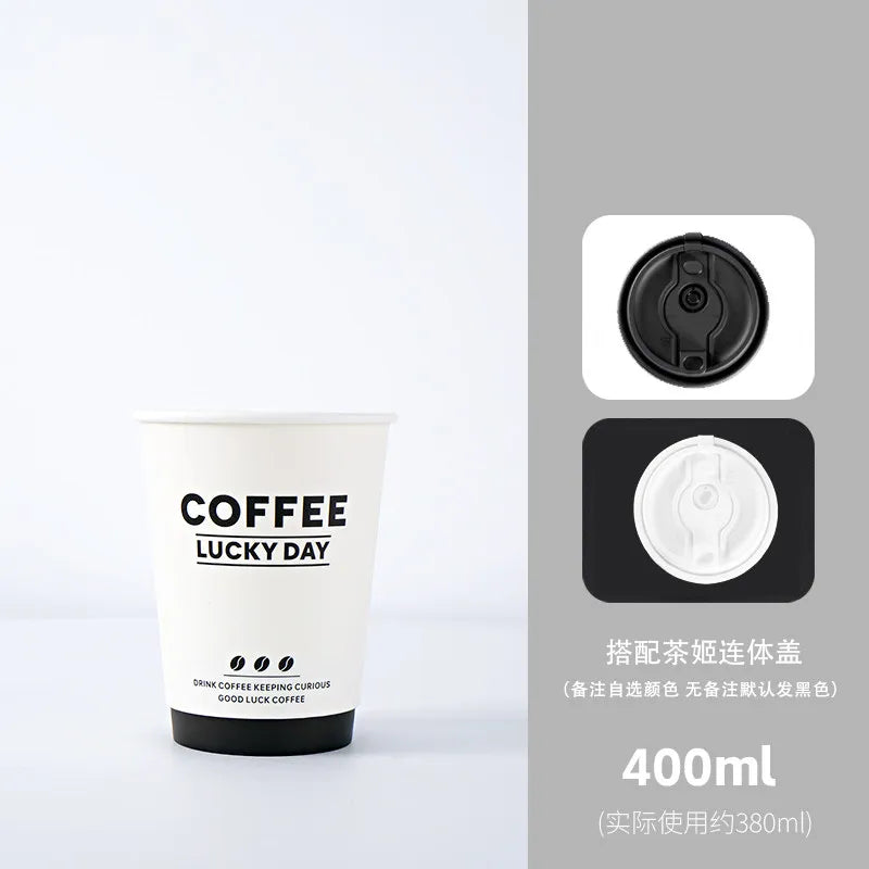 50pcs Thick Double-layer Coffee Paper Cup Disposable 90mm Caliber Hot Drink Leak Proof with Lid Shop Takeaway Paper Cups