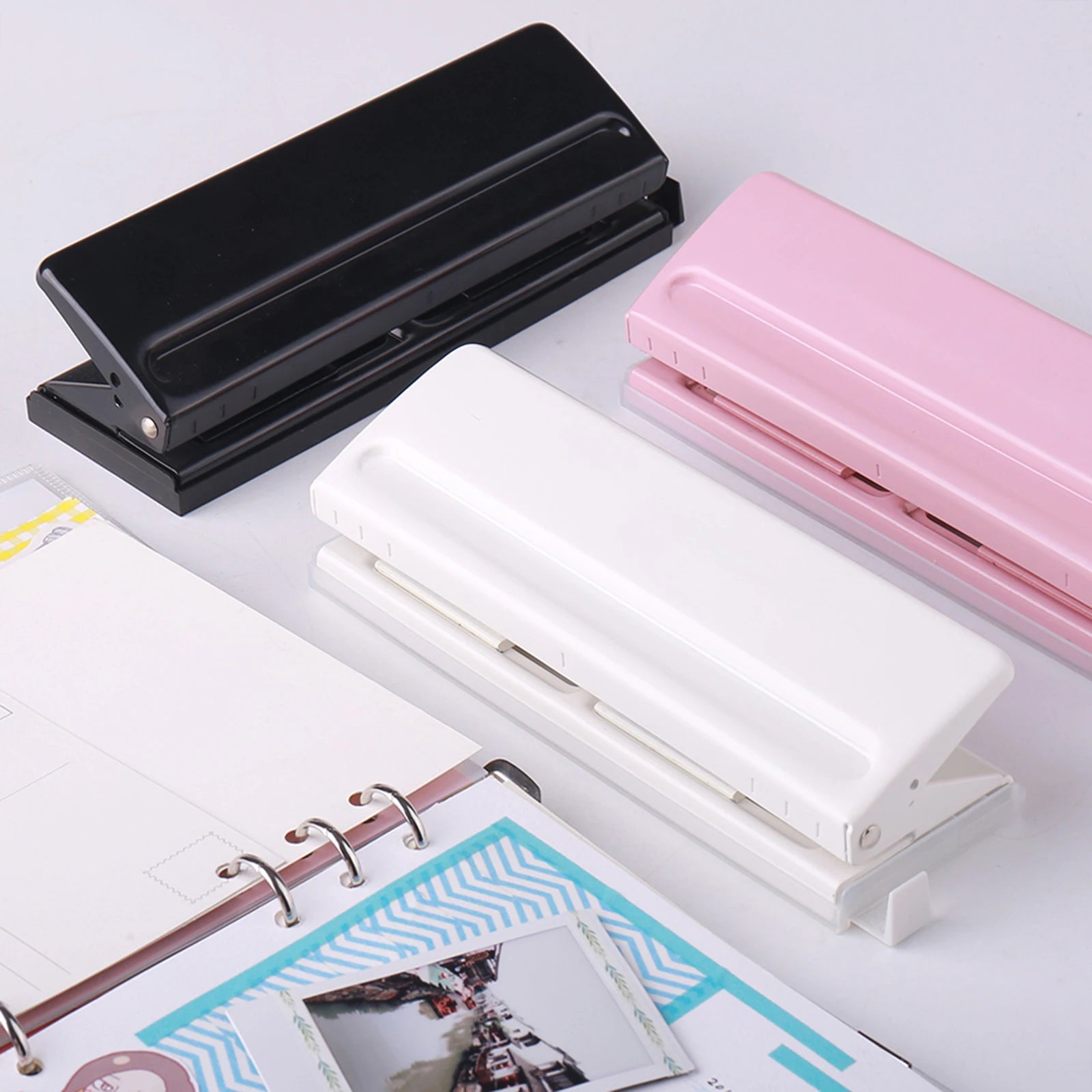 Adjustable 6-Hole Desktop Punch Puncher for A4 A5 A6 B7 Dairy Planner Organizer Six Ring Binder with 6 Sheet Capacity