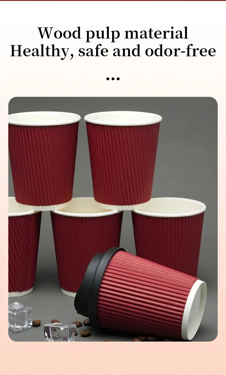 Red Corrugated Disposable Coffee Cups Heat Insulation Cups with Straw for Hot Beverage Ideal for Party Christmas New Year Supply