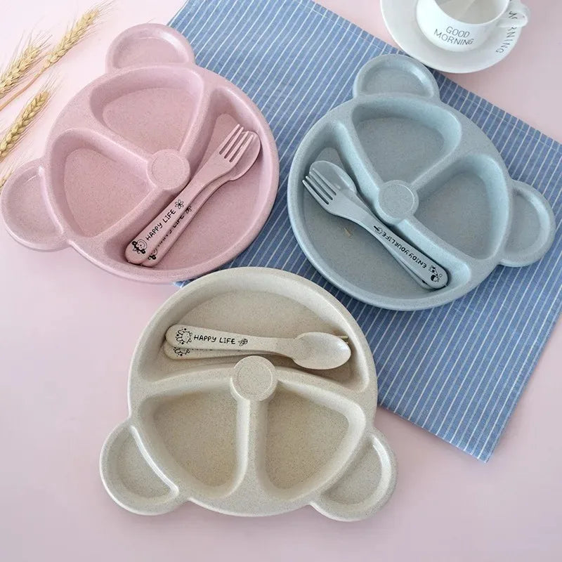 3Pcs/set Wheat Straw Baby Dishes Cartoon Tableware Set Kids Dinner Platos Baby Feeding Plate Training Bowl Spoon Fork Tableware
