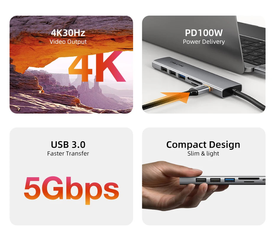 CABLETIME 7 IN 1 USB C HUB 4K@30Hz Resolution Display 5Gbps High Speed Data Transmission PD 100W Power for Laptop Macbook