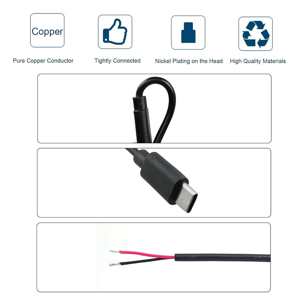 5V 3A Singe USB C to 2 Pin Bare Wire Open End 24AWG USB Type C Male Pigtail Cable Cord DIY for USB C Equipment Installed 0.3/1M