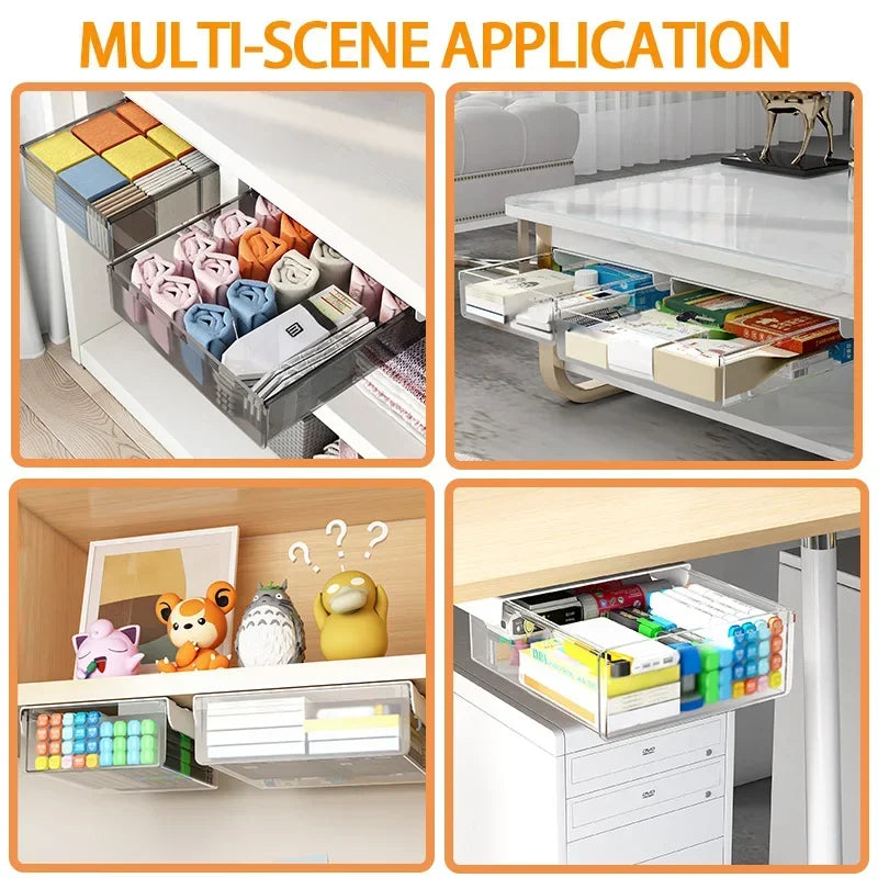 Hidden Under Desk Drawer Storage Office Organizer Desk Self Adhesive Drawers Plastic Undertable Accessories Storage Box Drawe