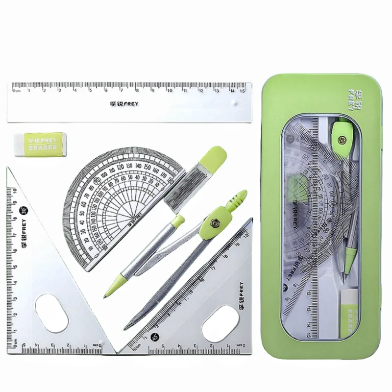 Fu Rui Compass Ruler Set Iron Box Rubber Lead Core Triangle Plate Protractor 7-Piece Set Student Mathematics