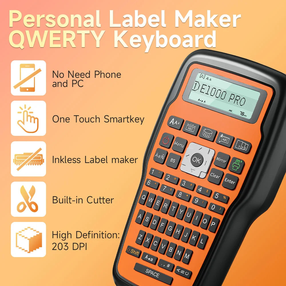 E1000 PRO Label Maker Printer TZ231 Label Maker Tape QWERTY Keyboard Symbols Industrial Printer Work with Heat Shrink Tubes