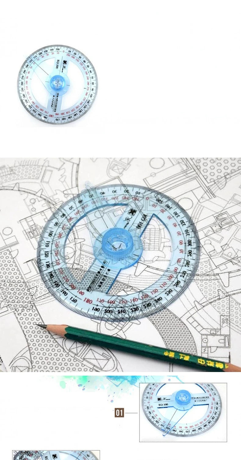 1 Circular Dia.10cm Transparent Plastic 360 Degree Pointer Protractor Ruler Angle For School Office Drafting Supplies Protractor