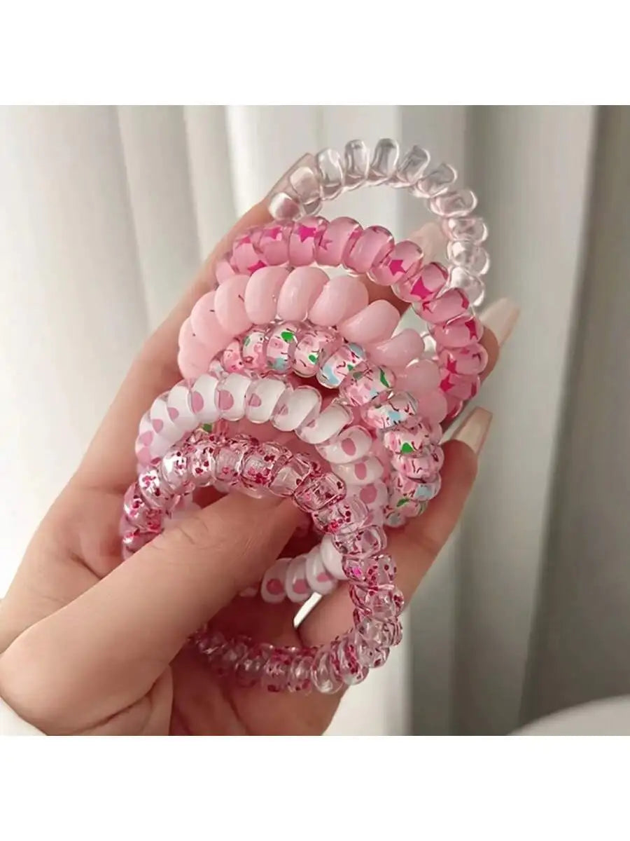Set Women Fashion Telephone Wire Elastic Hair Band Colorful Printed Spiral Cord Rubber Band Hair Ties Hair Accessories Gift