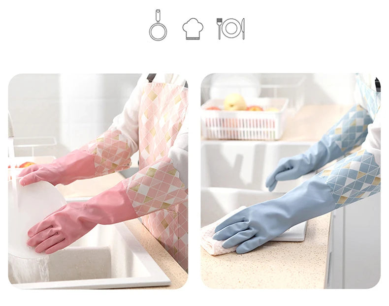 Waterproof Rubber Latex Velvet Gloves, Durable, Cleaning, Washing Clothes, Household, Kitchen, Winter